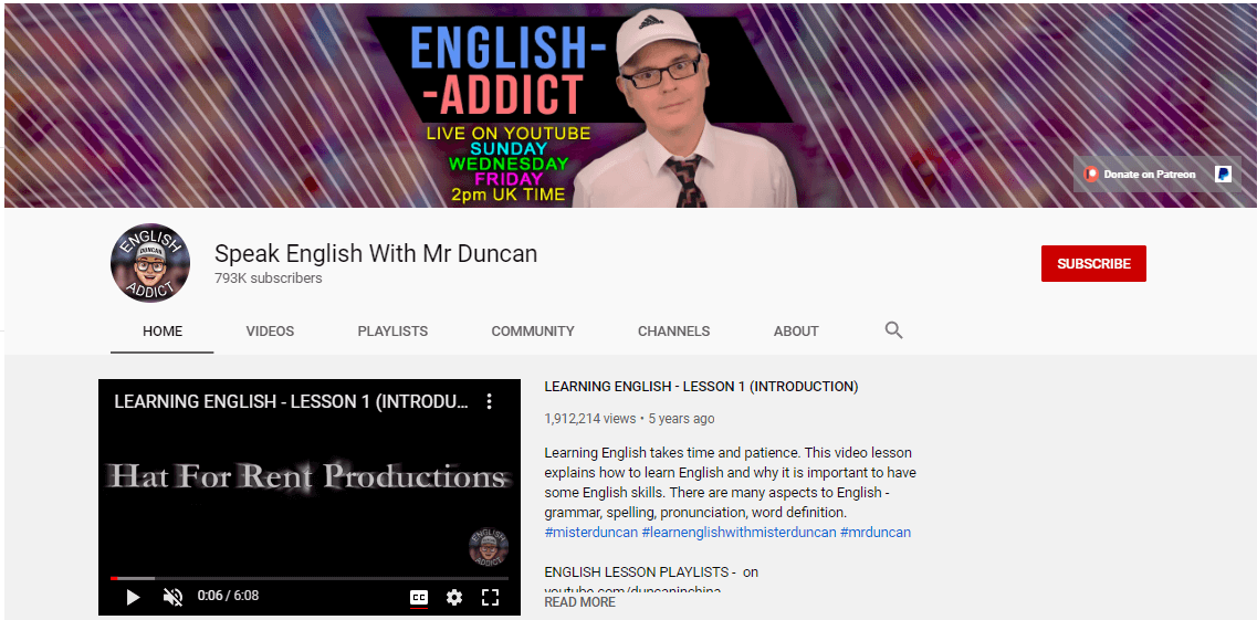 کانال های آموزش زبان انگلیسی در یوتیوب Learn English with Misterduncan