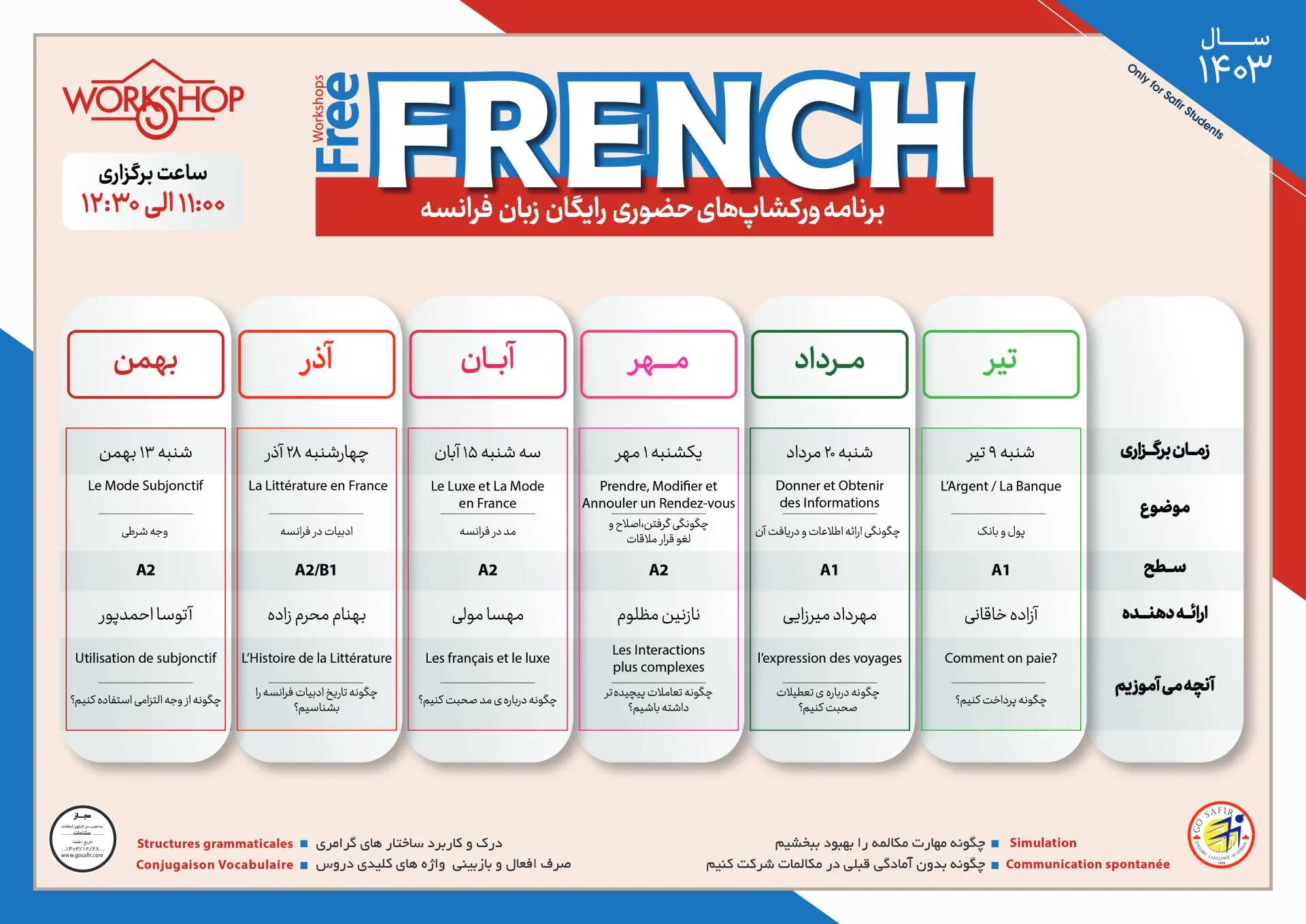 برنامه ورک شاپ های حضوری زبان فرانسه